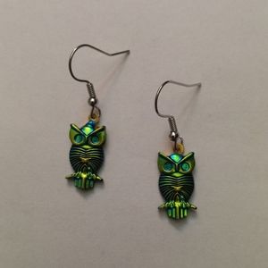 New perching owl metallic earrings hand crafted